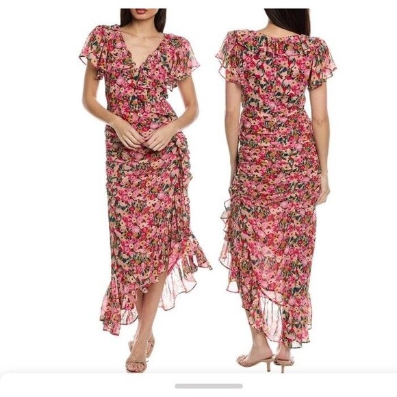ASTR The Label Dress Size M Vilma Floral Ruffle Ruched Midi Red Pink Floral Boho - Picture 12 of 14
